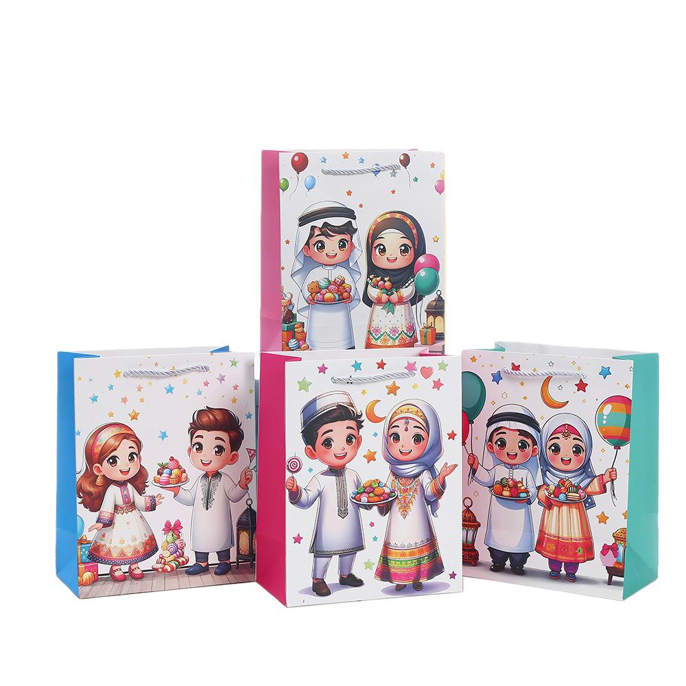 12pcs Ramadan Kareem gift bags Islamic kids cartoon paper bags for Eid treats and candy party packaging