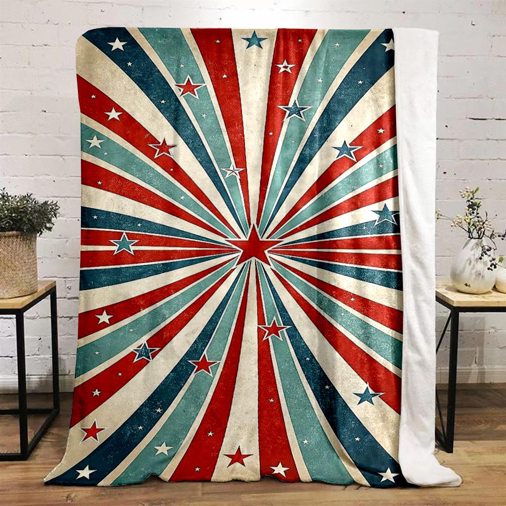 Vintage Red, White, and Blue Starburst Warm Blanket - Flannel Blanket for Bedroom, Living Room, Sofa, and Nap.