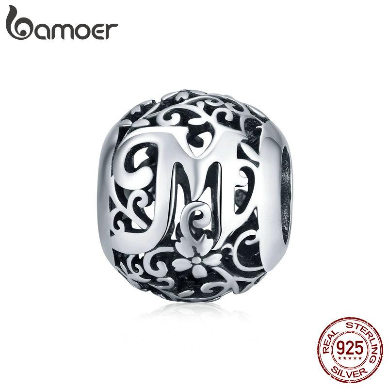 BAMOER 925 Silver Retro Letter Charms Hollowed Alphabet A-Z Round Beads for Women Bracelet DIY Jewelry Making