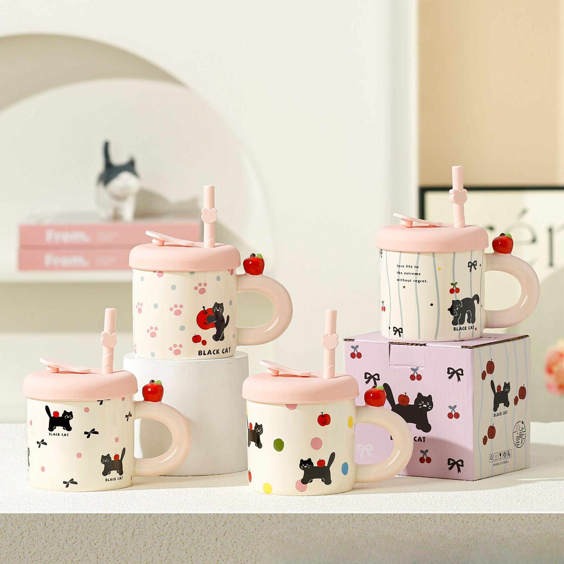 

Креативная кружка с изображением маленькой черной кошки, милая керамическая кружка с соломой для кошек, пара стаканов для воды, офисная кофейная кружка, сувенир, подарок 380ml