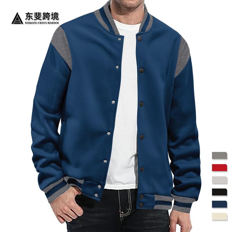 Men's Light Gray Baseball Jacket with Black Stripes and Button Front
