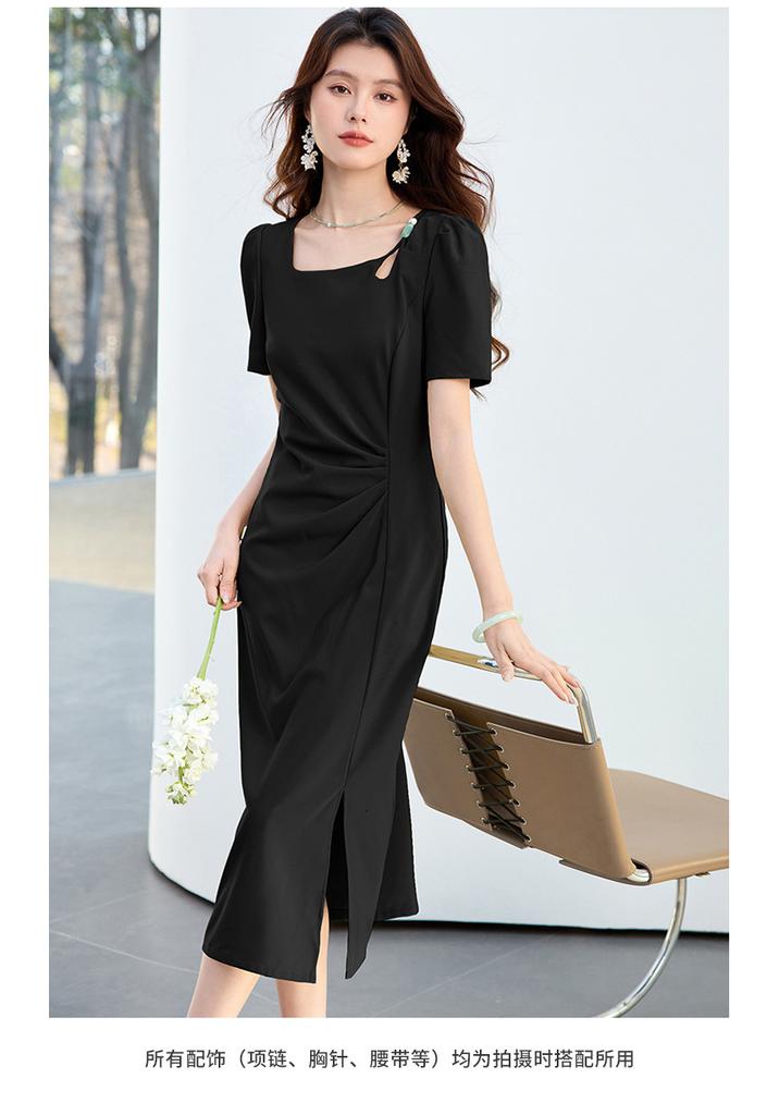 26 Year New Summer Pleated Waist Slimming and Slimming Mid Length Skirt Versatile and Elegant Slit Short Sleeved Skirt Dress