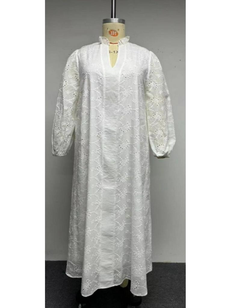 Plus Size V-neck Embroidered Lantern Sleeve Casual Dress