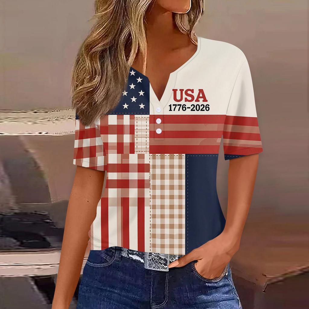 Women's Fashion Casual Independence Day Print V-Neck Short Sleeve Button-Up T-Shirt Top