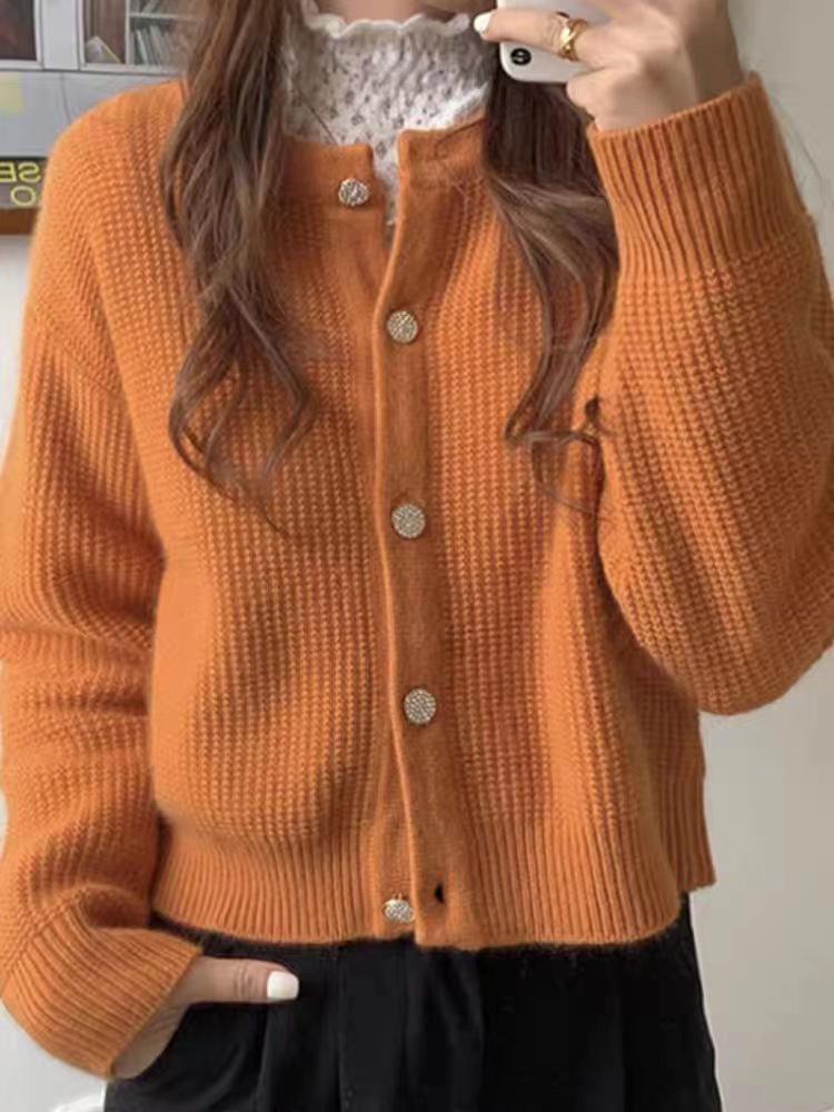 European 100% Pure Wool Knitted Cardigan: Women's Round Neck, Autumn/Winter, High-End Loose Fit Sweater Coat
