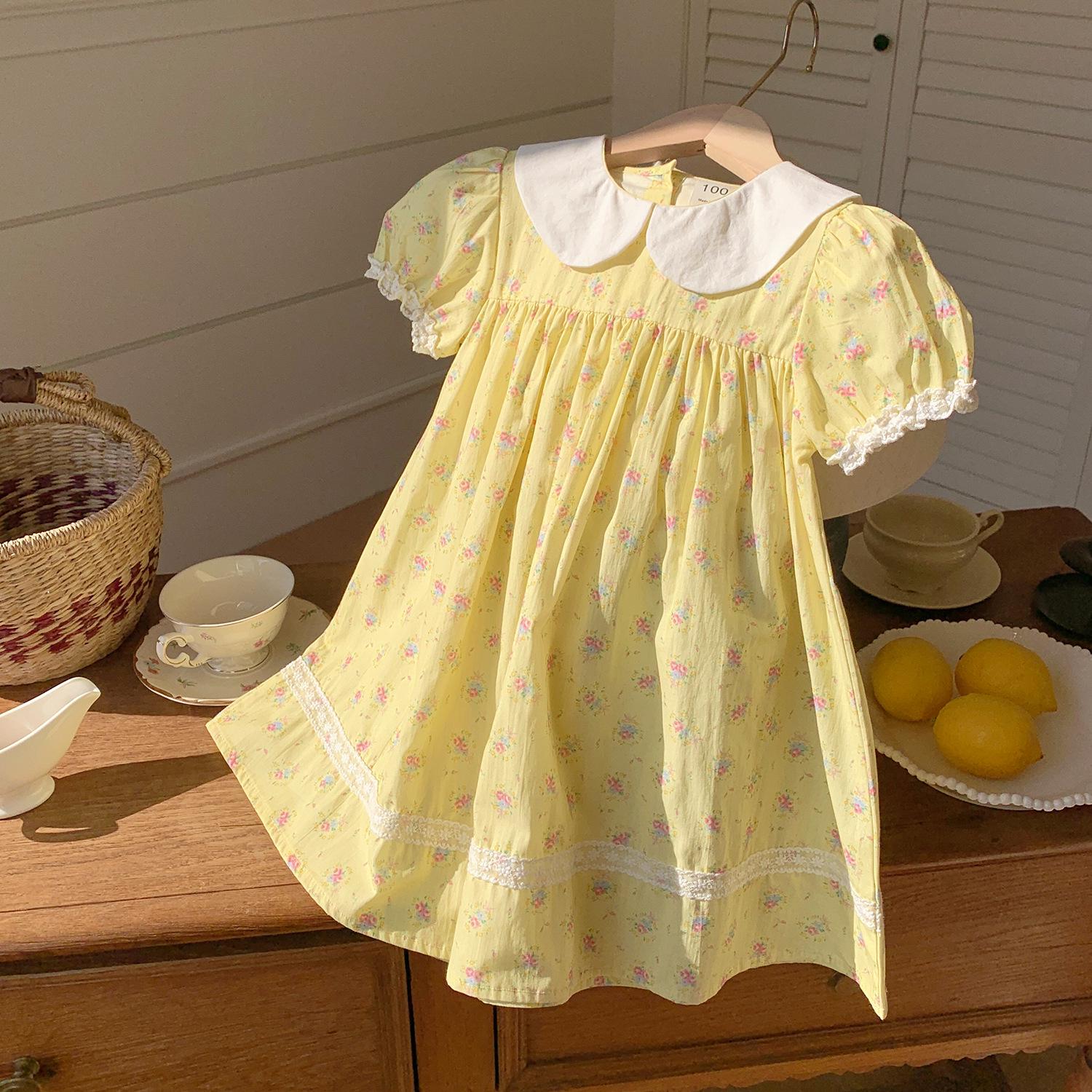 Girl s Korean-Style Color Block Princess Dress with Lace Trim and Doll Collar 130cm