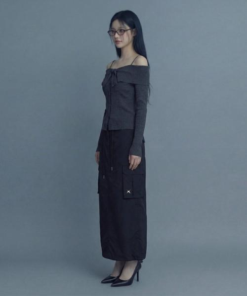 Ineodeijeu Nylon Cargo Long Skirt (Black)