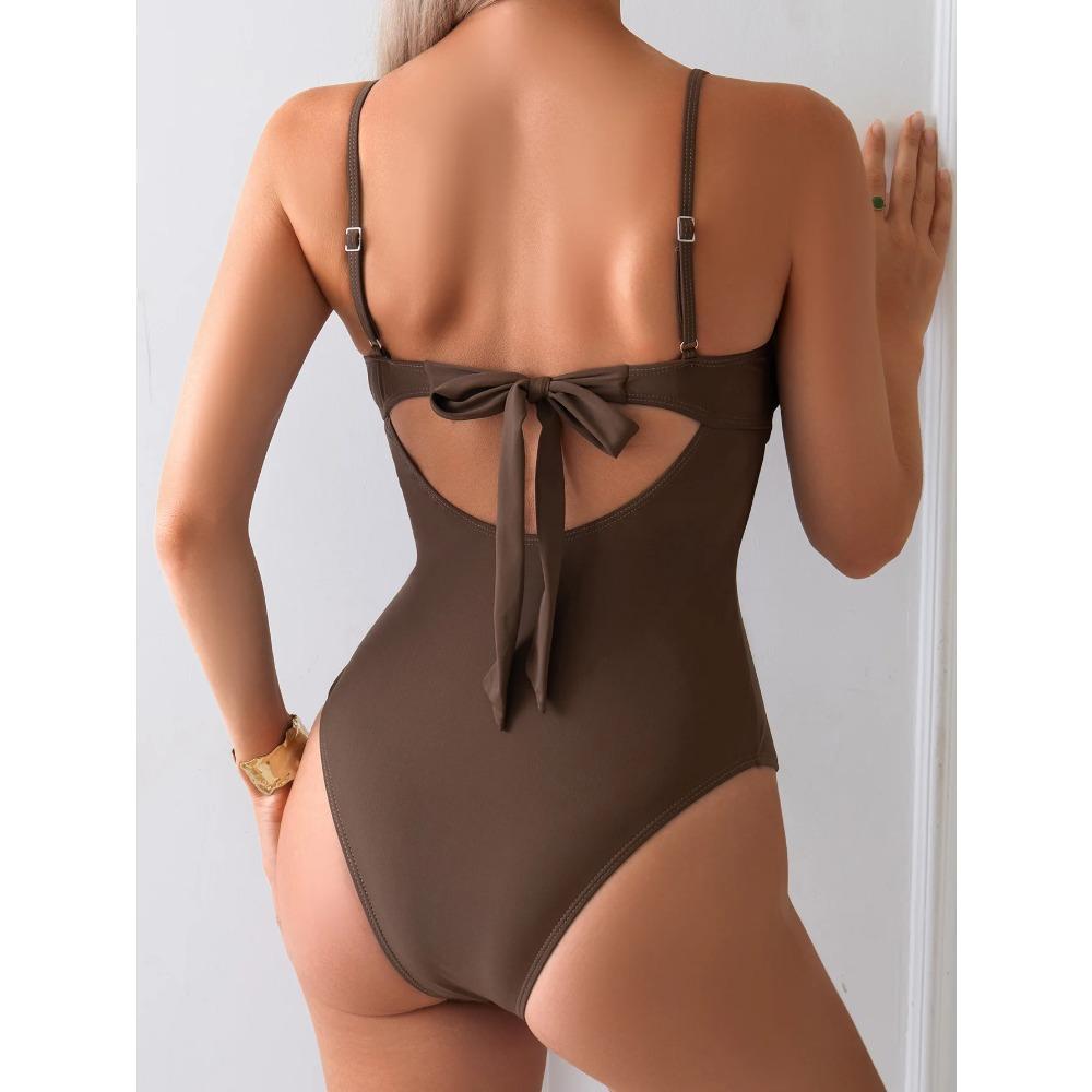 Vintage Coffee Swimwear Women Pearls Strap Hollow Out Metal Diamond Tummy Control One Piece Swimsuit Beach Bathing Suits