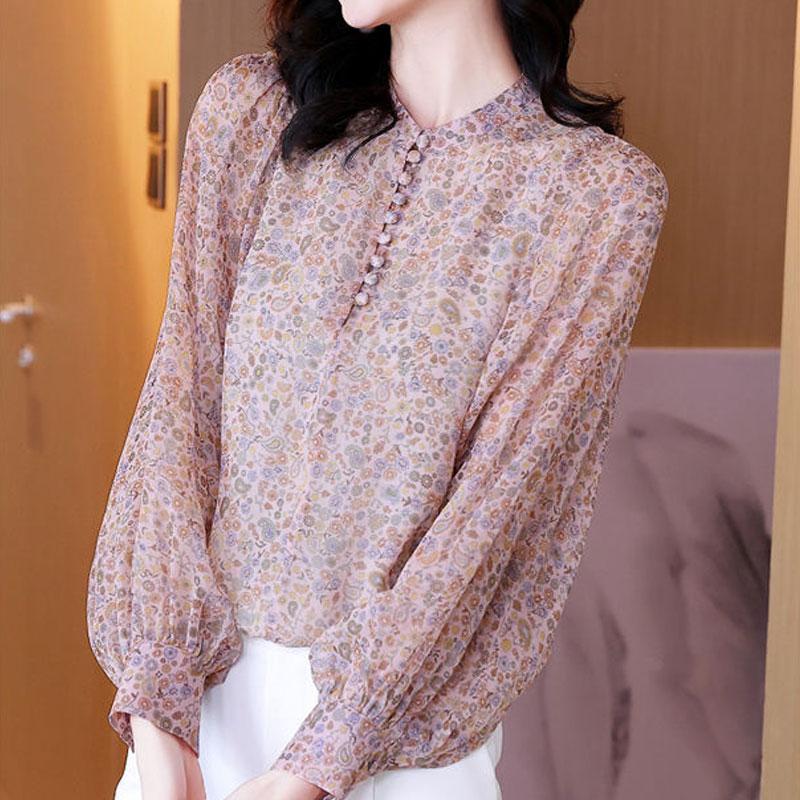 

Office Lady Broken Flower Stand Collar Shirt Women s Clothing Long Sleeve Spring Autumn New Korean Vintage Button Spliced Blouse XS