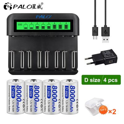 PALO Cargador de batería LCD para pilas recargables de tamaño AA, AAA y CD de Ni-Mh y Ni-Cd de 1,2 V + pilas recargables de tamaño 1,2 VD de 8000 mAh