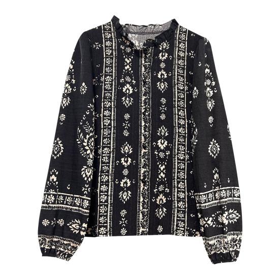 Women Shirt Ruffle Trim Neckline Long Sleeve Imitation Pearl Buttons Shirt Tops Spring Summer