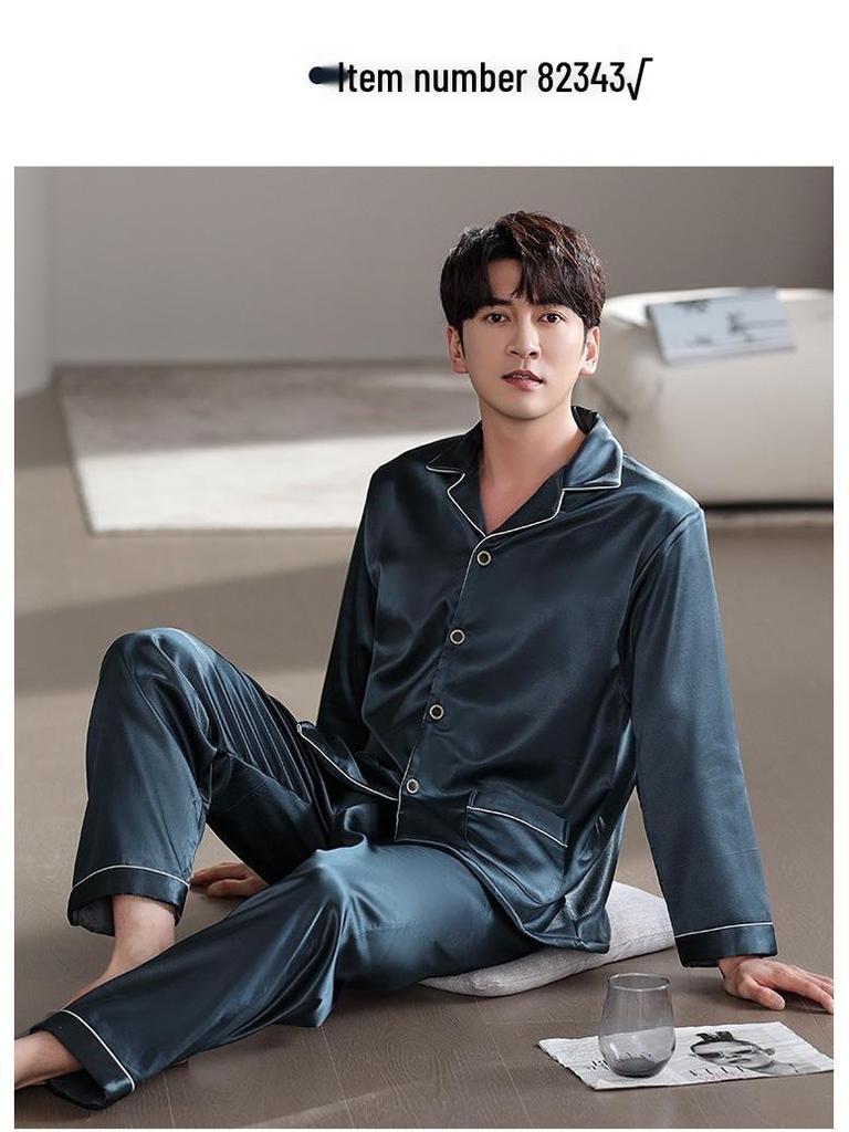 Men's Luxury Fleece-Lined Ice Silk Pajamas: Long Sleeve Satin Set for Fall/Winter, Wear Indoors or Outdoors