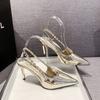Summer New Silver Patent Leather Rhinestone Pointed Toe Stiletto Heel Sandals for Women