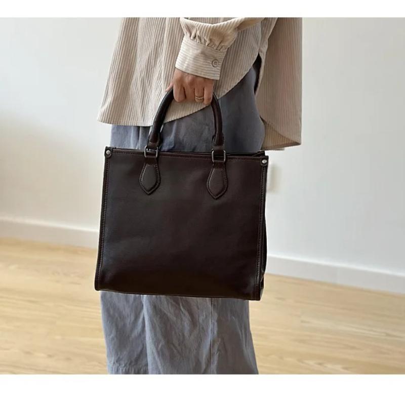 Johnature Bolsa de Couro Genuíno Para Mulheres Grande Capacidade Retro Cor Sólida Bolsa de Mão para Trabalho