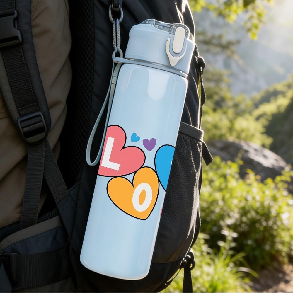 1PC Love Word Multicolor Heart Doodle Design 750ml Color Plastic Sports Water Bottle Leakproof Flip Straw Lid Suitable for Sports Office Home Use