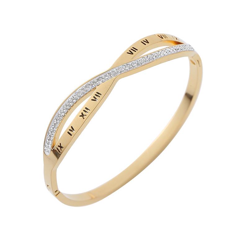 European-American Roman Numeral Rhinestone Stainless Steel Bracelet for Women