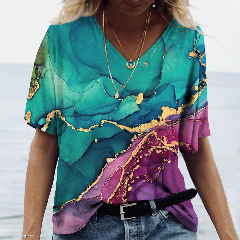 

Повседневный топ с коротким рукавом и v-образным вырезом, модная женская футболка большого размера с цветочным принтом, женские летние свободные топы с 3D принтом XL