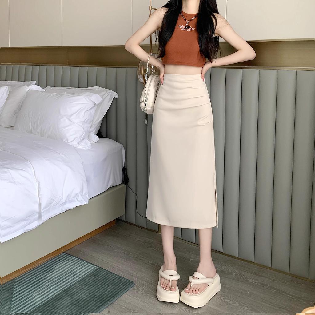 Women's Summer 2024 High Waist Pleated Slit Midi Skirt
