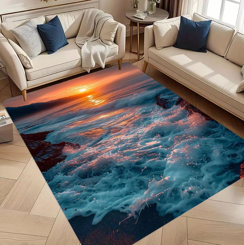 3D Sunset Ocean Beach Cliff Area Rug for Living Room Bedroom Non Slip Floor Mat Modern Home Decor Carpet Gift