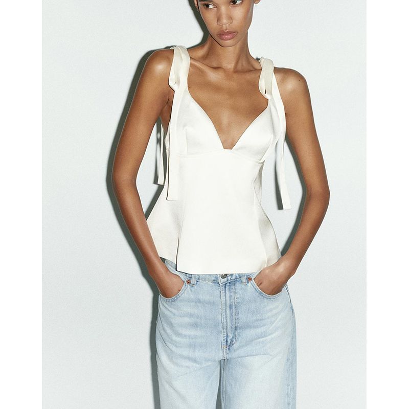 Summer New Product Women's Clothes Minimalist Style V Neck Sleeveless Bowknot Decoration Silk Satin Textured Sling Tops 3059371