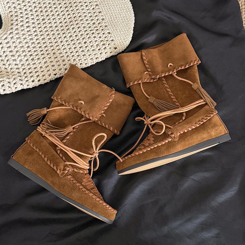 Módní retro pletené střapcové šněrovací kovbojské boty pro ženy s ohrnutým okrajem z semišové kůže do poloviny lýtka dámské vnitřní výšky westernové boty
