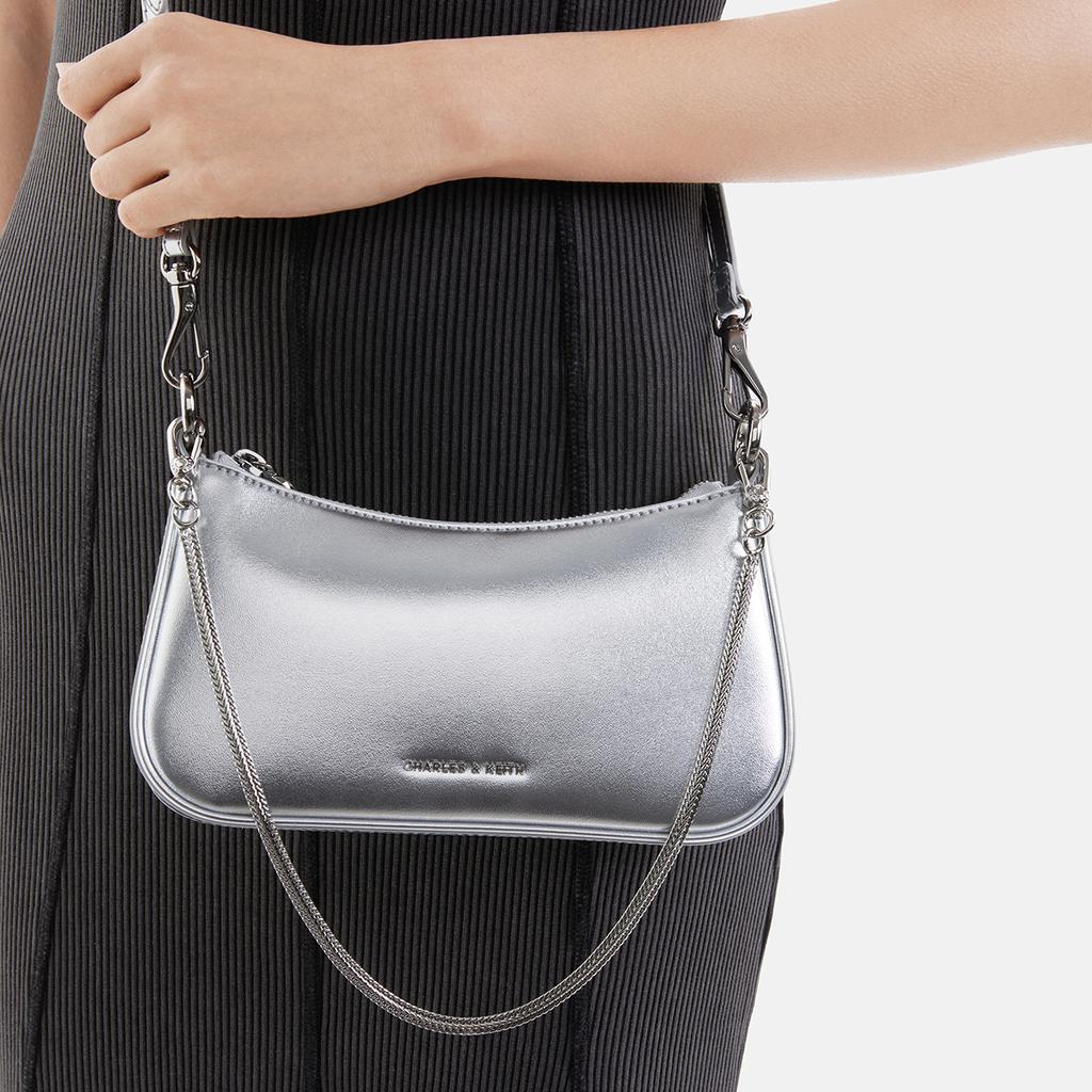New CHARLES&KEITH Synthetic Leather Shoulder Bag Crossbody Bag Handbag Small Size Women's Noir Black/Silver/Gold CK2-80151362-A