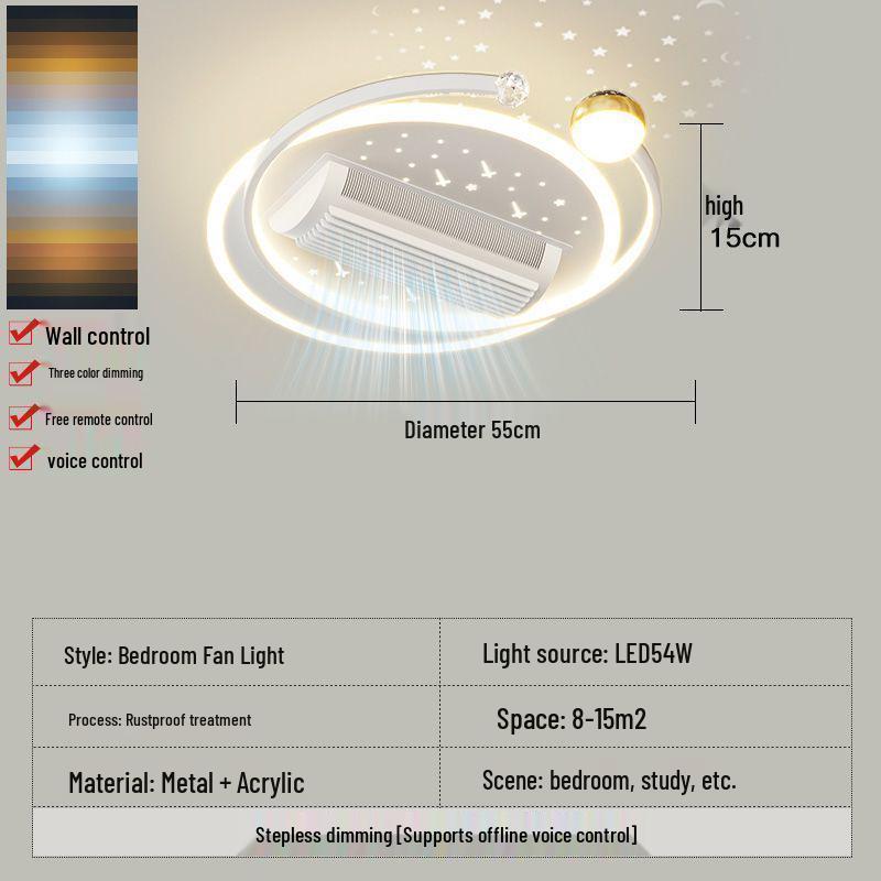 Smart Voice-Controlled Leafless Ceiling Fan Light for Living Room/Bedroom, Tricolor, Stepless Dimming, 110V.