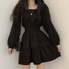 DAYCLOSET Mini Long Above the Puff tops1678 Dress, Sleeves, Knee, A-Line, Tiered, Flared, Sleeves, Mid-Weight, Spring/Autumn, (M, Black)
