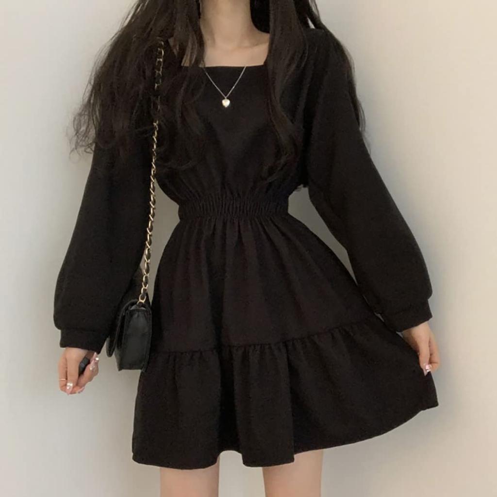 DAYCLOSET Mini Long Above the Puff tops1678 Dress, Sleeves, Knee, A-Line, Tiered, Flared, Sleeves, Mid-Weight, Spring/Autumn, (M, Black)