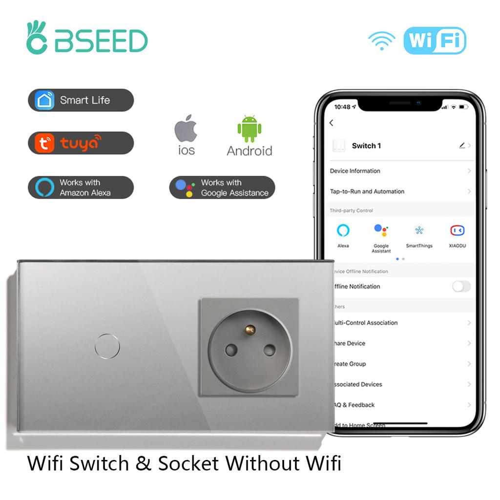 BSEED WLAN Touchschalter 1/2/3fach mit normaler FR-Steckdose Glasplatte Smart Wandschalter für Licht Tuya APP Steuerung Blaue Hintergrundbeleuchtung