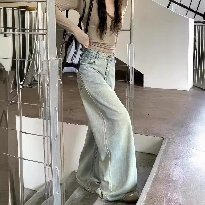 Retro high-waisted washed old jeans women's summer loose and thin floor pants straight-leg pants wide-leg pants long pants