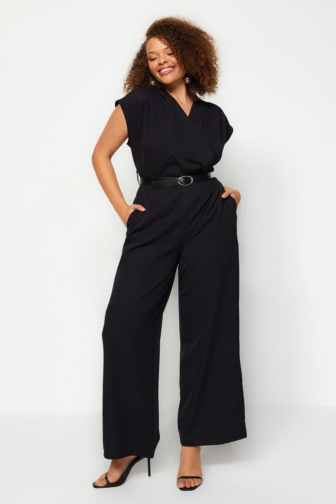 Women's Fashion Emerald Green Belted Double Breasted Collar Plus Size Woven Jumpsuit