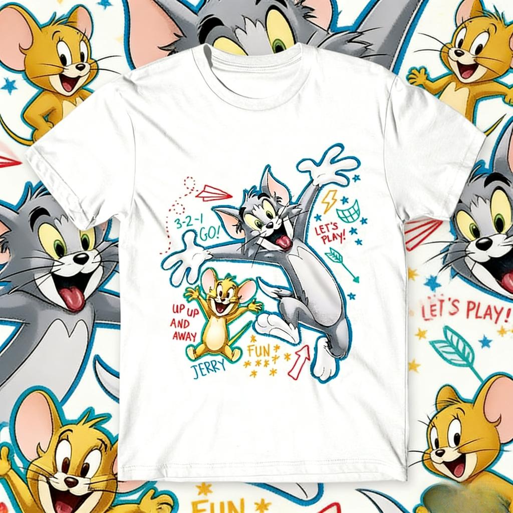 2026 Summer Comic Form Tom and Jerry Image 100 Cotton Printed Oversize Casual Tshirt Adult Children Parentchild Top Homewear
