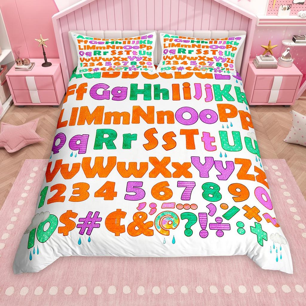Homewish Cartoon Alphabet Duvet Cover Set For Kids Children Colorful Digital Table Comforter Cover Set School Theme Bed Set