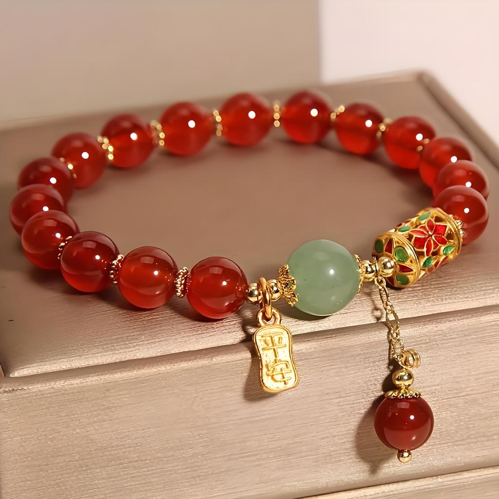 1pc Lucky Bracelet for Women Men, Retro Synthetic Red Agate Bracelet For Family Friend, Niche Red Bead Bracelet