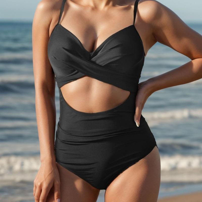 New sexy solid color cross-wrinkled hollow straps lace-up one-piece swimsuit swimsuit