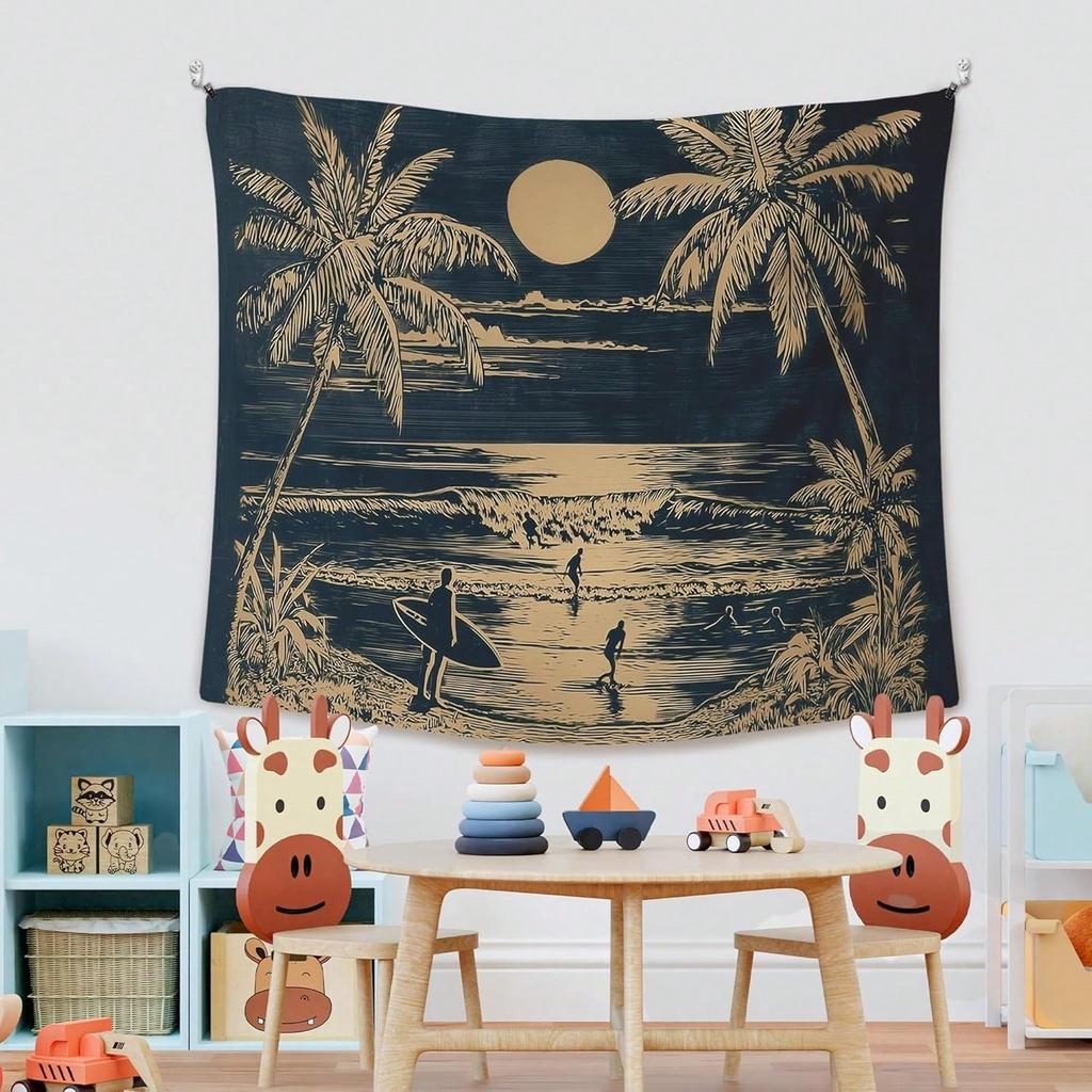 1 Stück Mondbeschienener Palm Beach Wandteppich Polyester 2D Muster Geschenk Wandkunst für Schlafzimmer Wohnzimmer Trendige Heimdekoration für Tropisch