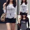 Global Selling Women Stripe Print Long Sleeve Round Neck T-Shirt Slim Fit Top