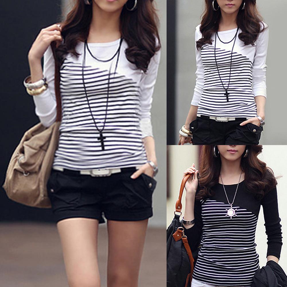 Global Selling Women Stripe Print Long Sleeve Round Neck T-Shirt Slim Fit Top
