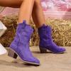 Fashion Women's Fashion Pointed Toe Embroidered Non-Slip Wear-Resistant Mid-Tube Boots Block Heel Suede