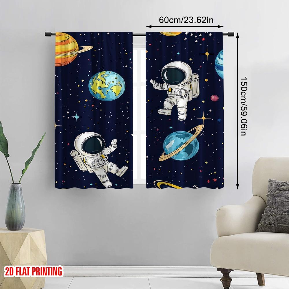 2D flat printing 2pcs Window Curtains Cartoon Funny Spaceman Versatile Polyester Fabric  Without Electricity Spring Party &
