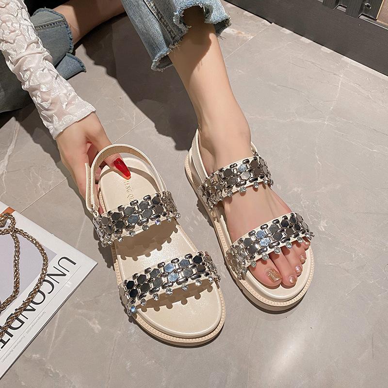 

Fashion punk style metal sheets platform sandals women back strap thick bottom muffins shoes crystal pendant gladiator sandalias size 43 4.5 бежевый