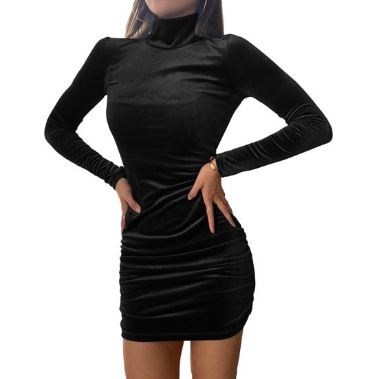 Robe fourreau pour femme, automne-hiver, taille serrée, couleur unie, col haut, protection du cou, manches longues, élastique au-dessus du genou, mini robe