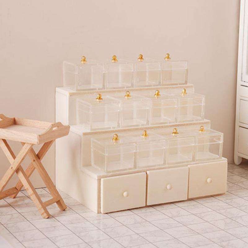 Tiered Display Shelf Wood Tiered Realistic Featured with Functional Drawer for 1/12 Scale Doll House Display Accessories