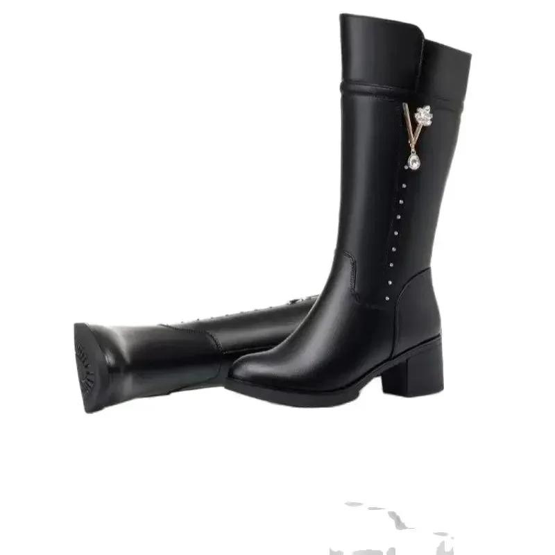 Women's Boots Autumn and Winter Wool Warm Thick Heels Fashion New Knee High Boots Leather Round Toe High Heel Women's Boots New