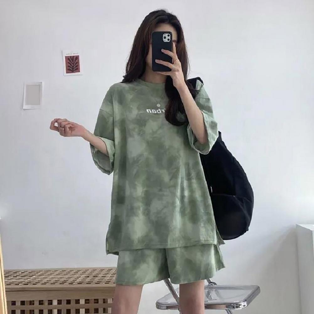 Women T-Shirt Shorts Suit Set Casual Tie Dye Loose Tshirt and Wide Leg Middle Shorts with Pockets Female Soft Summer Shorts Sets