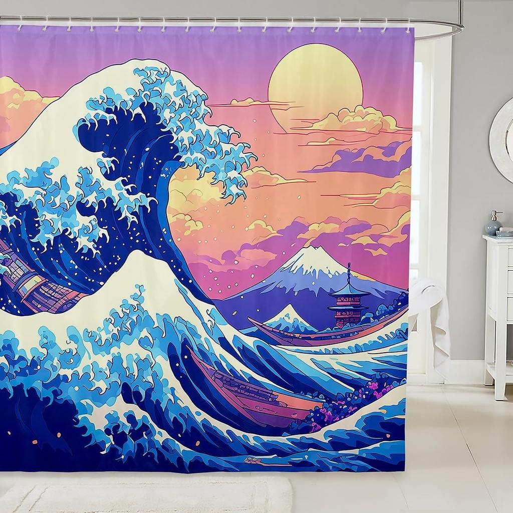 Feelyou Japanese Wave Bath Curtain for Boys Girls Fuji Mountain Shower Curtain Waterproof Japanese Style Bathroom Shower Curtain