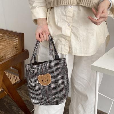 Spring and Autumn New Woolen Bear Embroidered Handbag Women's New Simple Small Bag Canvas Bag Large Capacity