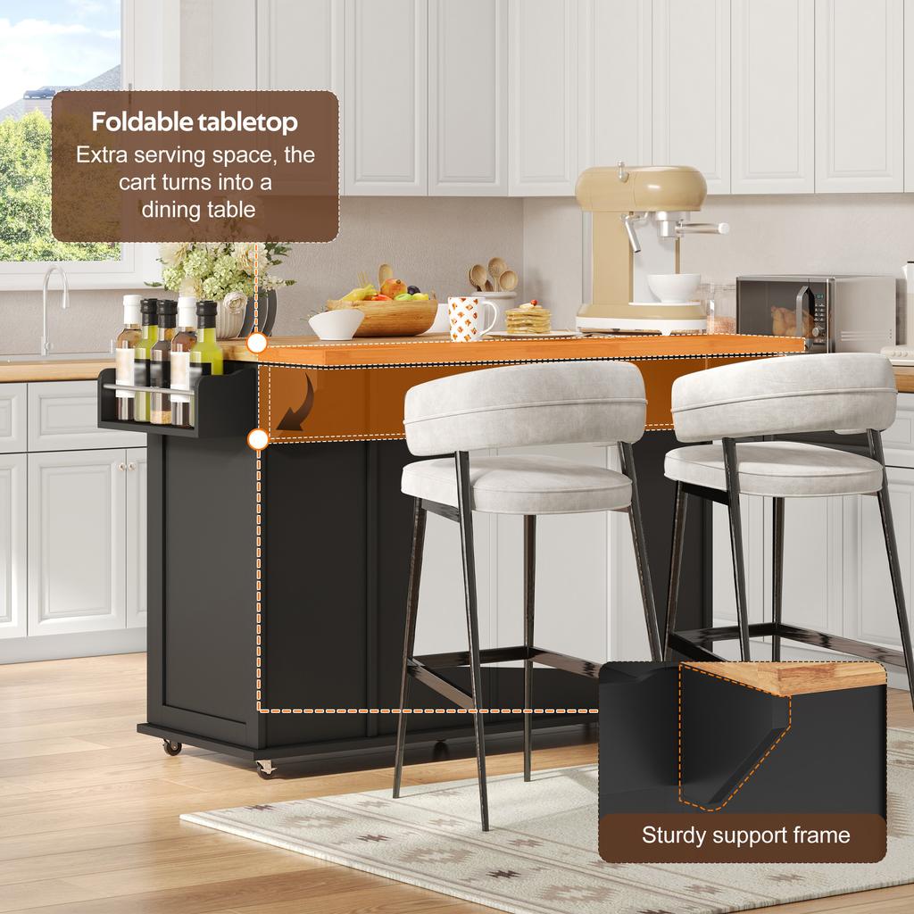 Isola Cucina Mobile con Piano di Lavoro Pieghevole, Carrello da Cucina con 3 Cassetti Verticali, 2 Ante con Ripiani e Ruote Bloccabili, 120 × 45 (70) × 87 cm