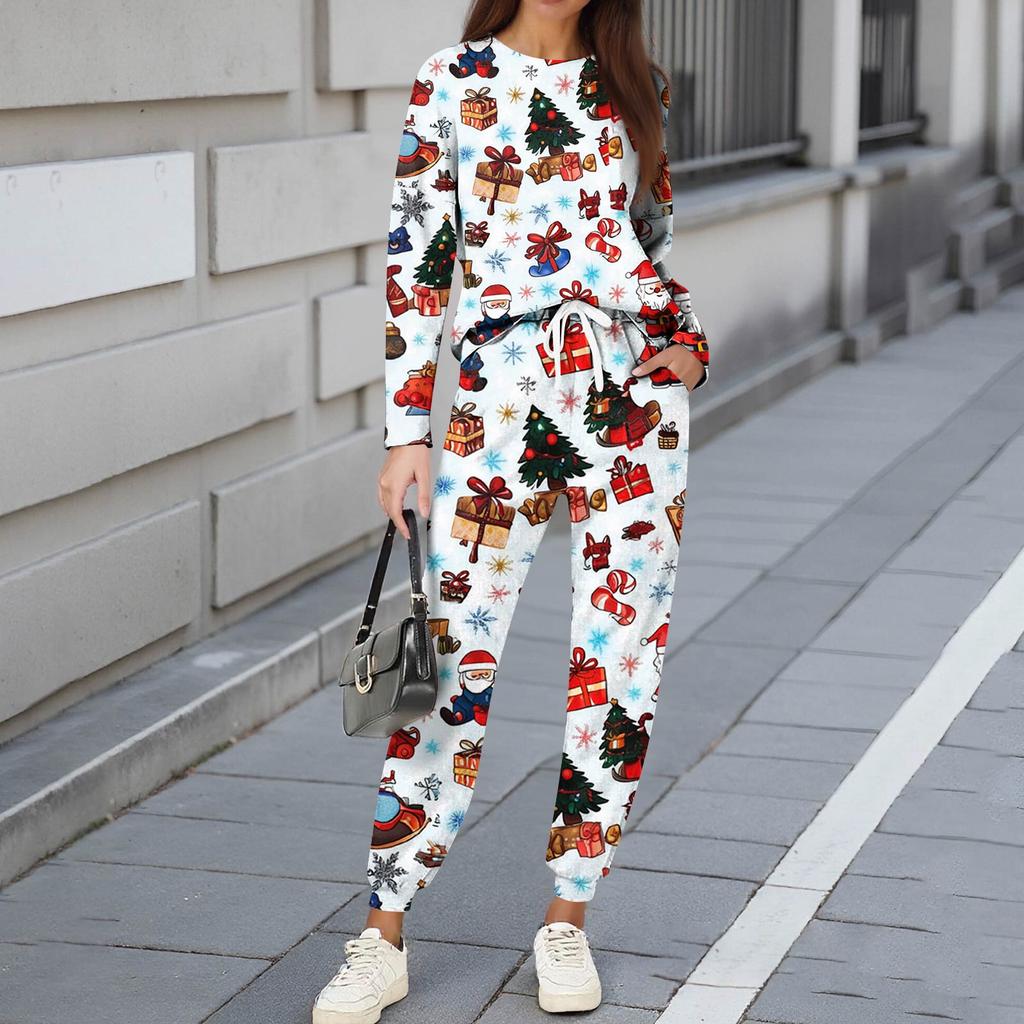 Sets For Women 2 Piece Round Neck Long Sleeve Shirts Printed Sweatpants Pocket Sets